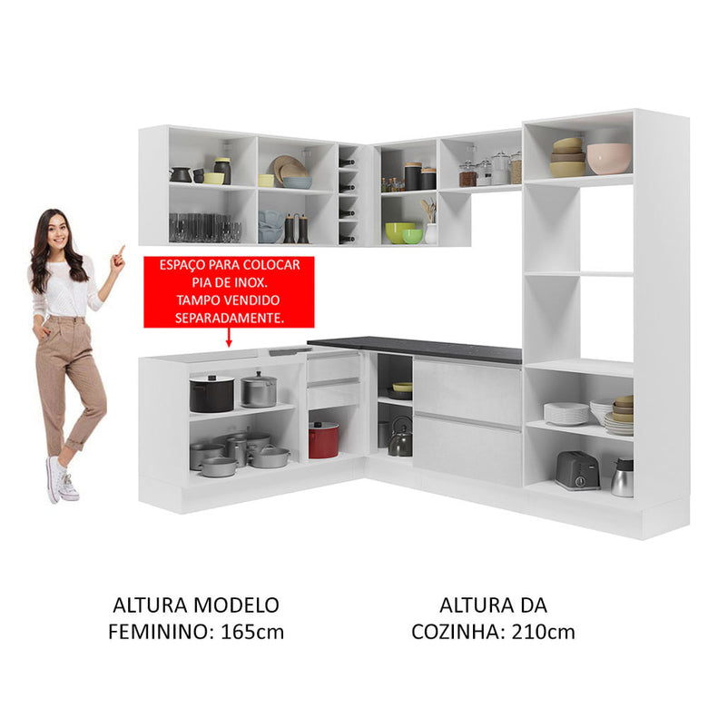 Armário de Cozinha Completa de Canto 100% MDF 419cm Frentes Branco Brilho Acordes Madesa 03