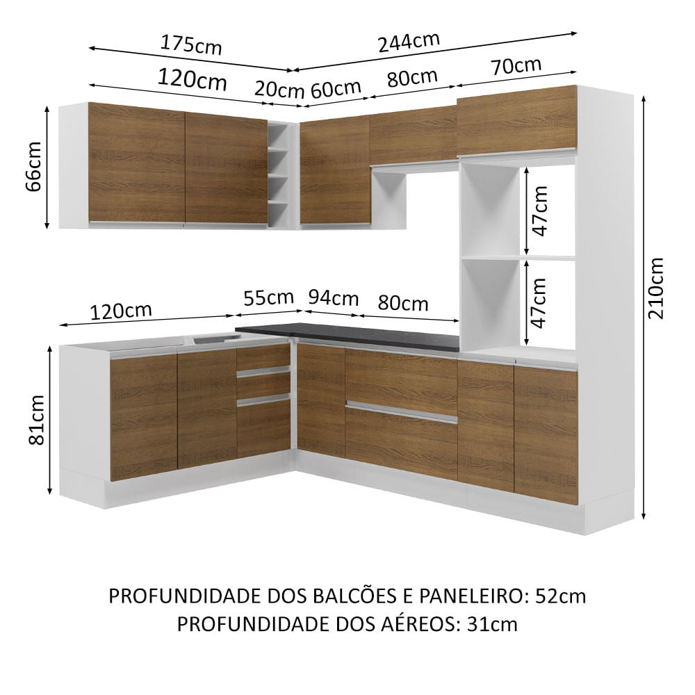 Armário de Cozinha Completa de Canto 100% MDF 419cm Branco/Rustic Acordes Madesa 03