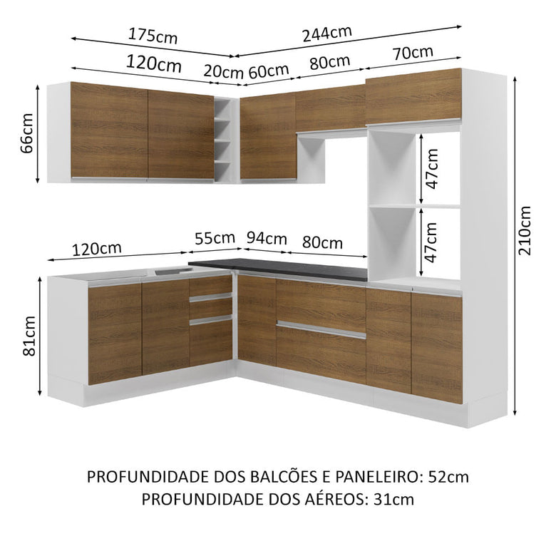 Armário de Cozinha Completa de Canto 100% MDF 419cm Branco/Rustic Acordes Madesa 03