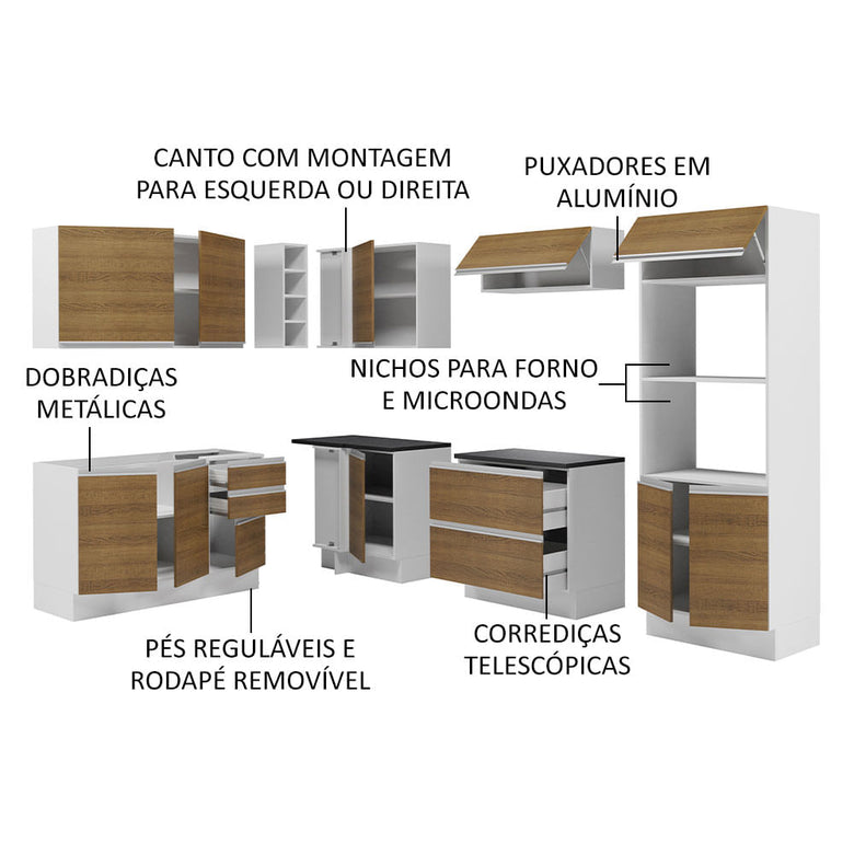 Armário de Cozinha Completa de Canto 100% MDF 419cm Branco/Rustic Acordes Madesa 03