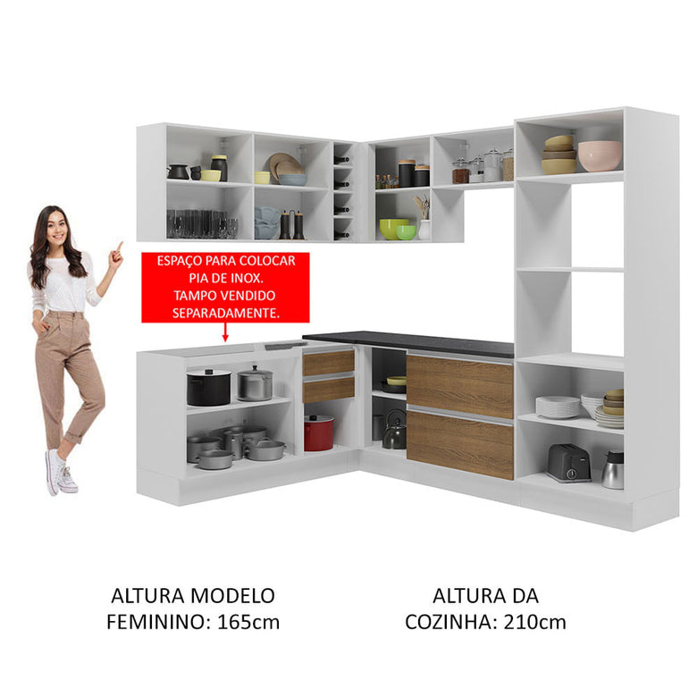 Armário de Cozinha Completa de Canto 100% MDF 419cm Branco/Rustic Acordes Madesa 03