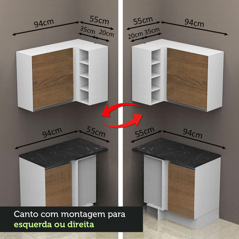 Armário de Cozinha Completa de Canto 100% MDF 419cm Branco/Rustic Acordes Madesa 03