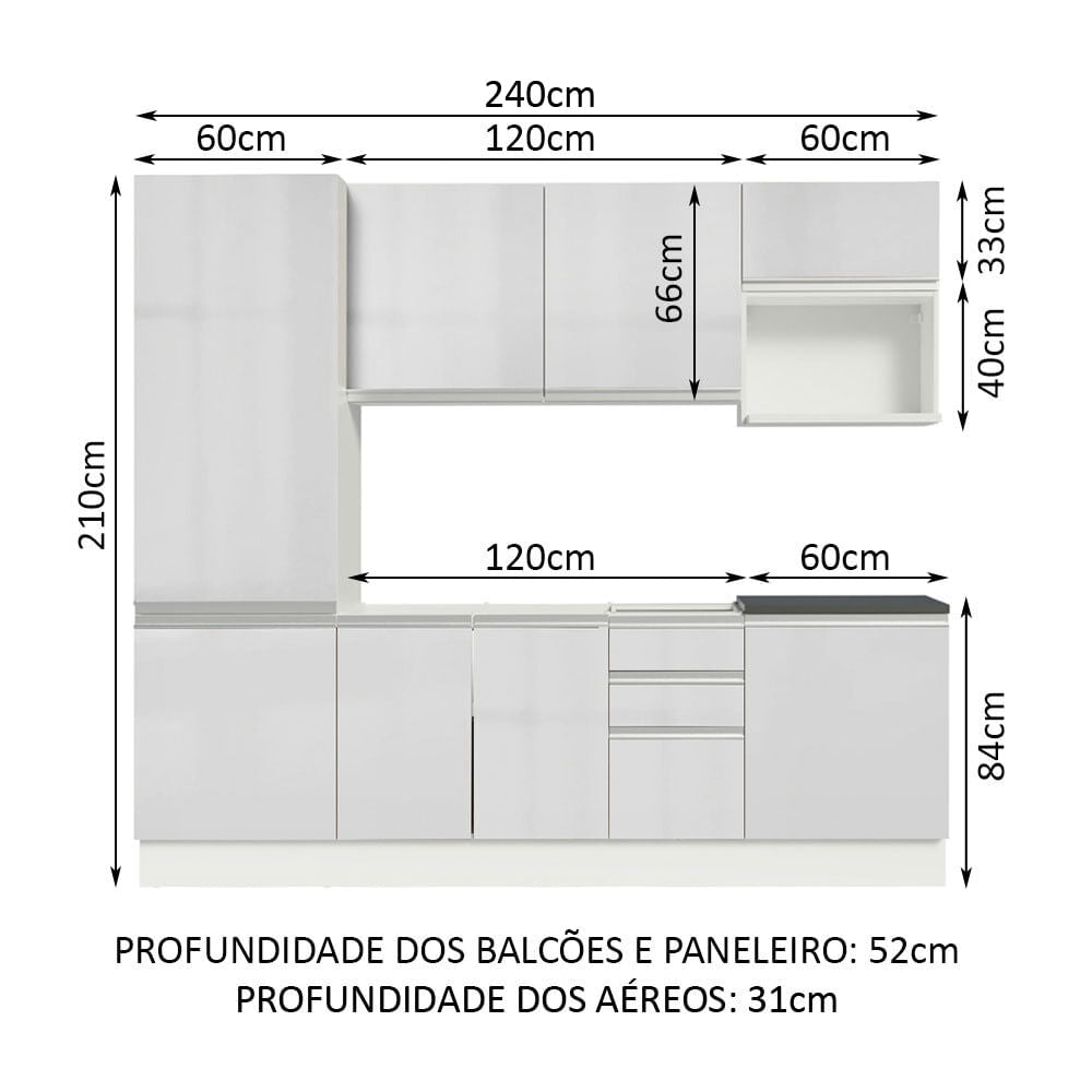 Armário de Cozinha Completa 100% MDF 240cm Frentes Branco Brilho Acordes Madesa 01