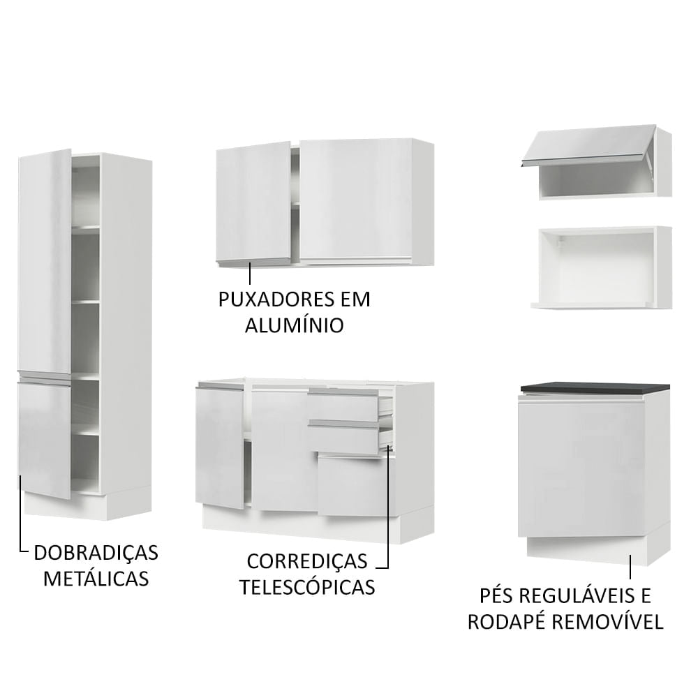 Armário de Cozinha Completa 100% MDF 240cm Frentes Branco Brilho Acordes Madesa 01