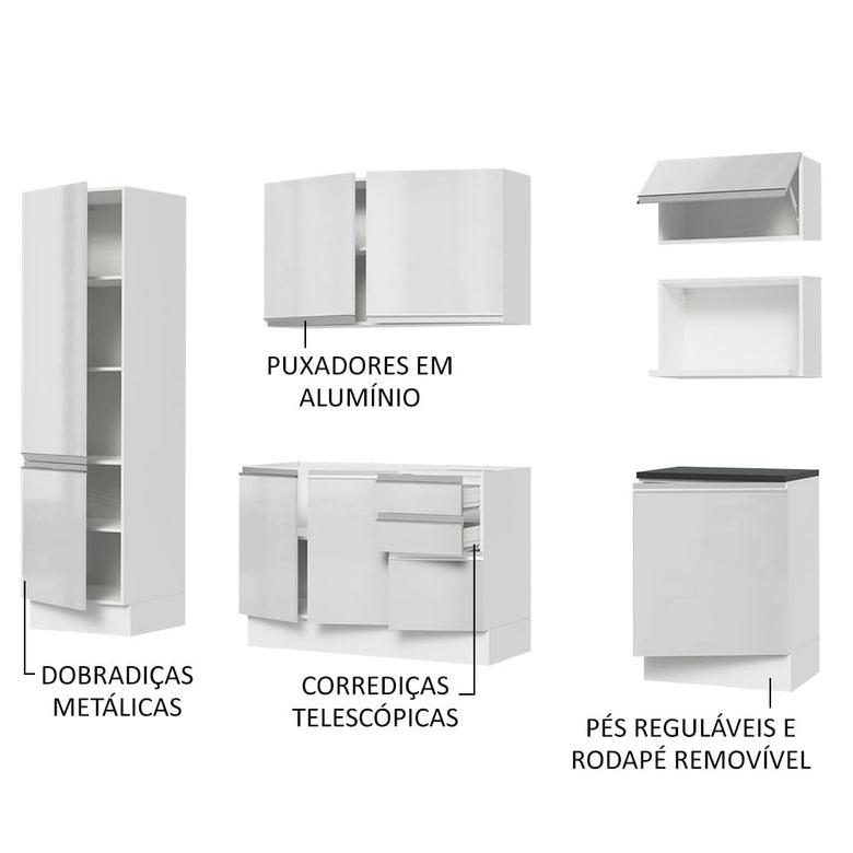 Armário de Cozinha Completa 100% MDF 240cm Frentes Branco Brilho Acordes Madesa 01