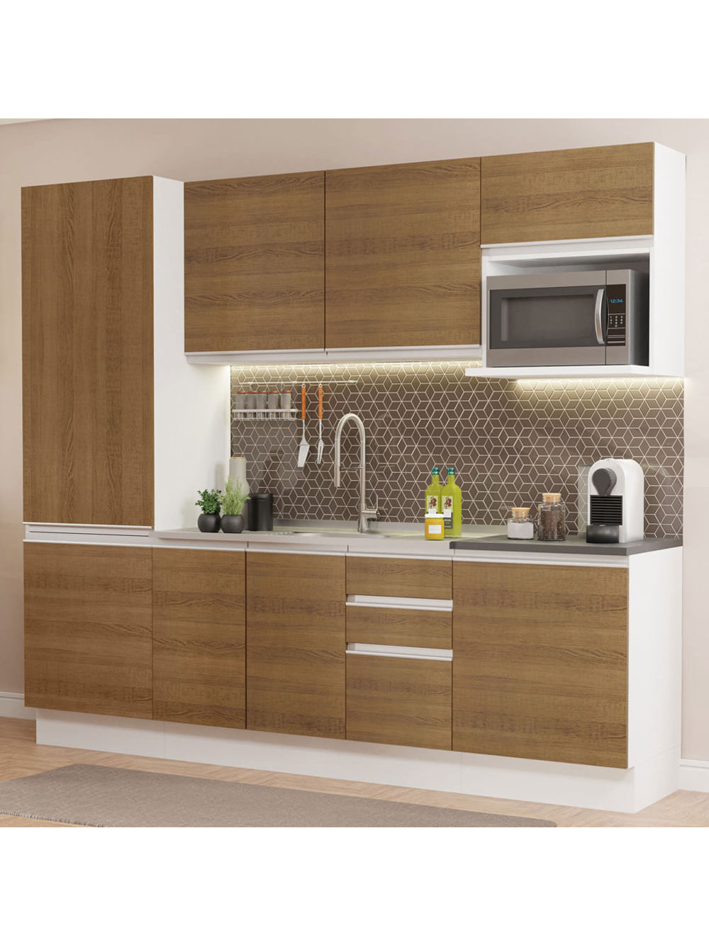 Armário de Cozinha Completa 100% MDF 240cm Branco/Rustic Acordes Madesa 01 - Branco/Rustic