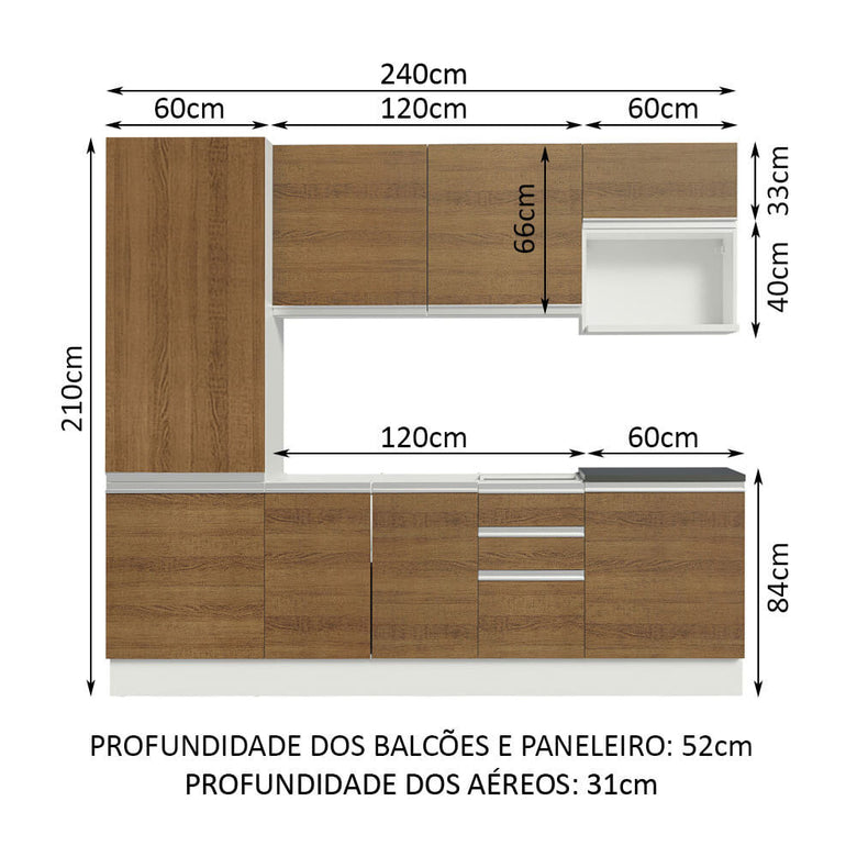 Armário de Cozinha Completa 100% MDF 240cm Branco/Rustic Acordes Madesa 01