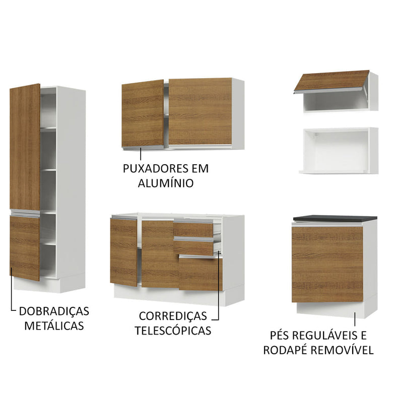Armário de Cozinha Completa 100% MDF 240cm Branco/Rustic Acordes Madesa 01