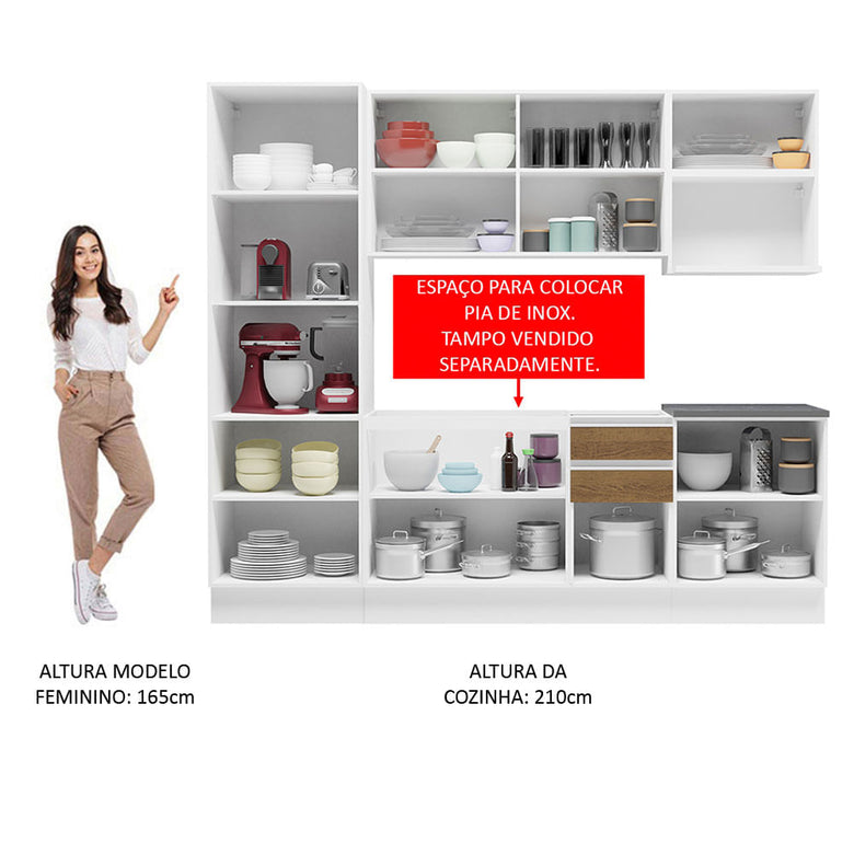 Armário de Cozinha Completa 100% MDF 240cm Branco/Rustic Acordes Madesa 01