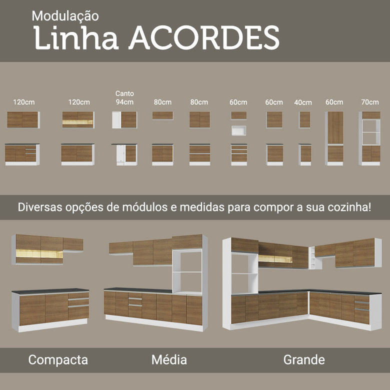 Armário de Cozinha Completa 100% MDF 240cm Branco/Rustic Acordes Madesa 01