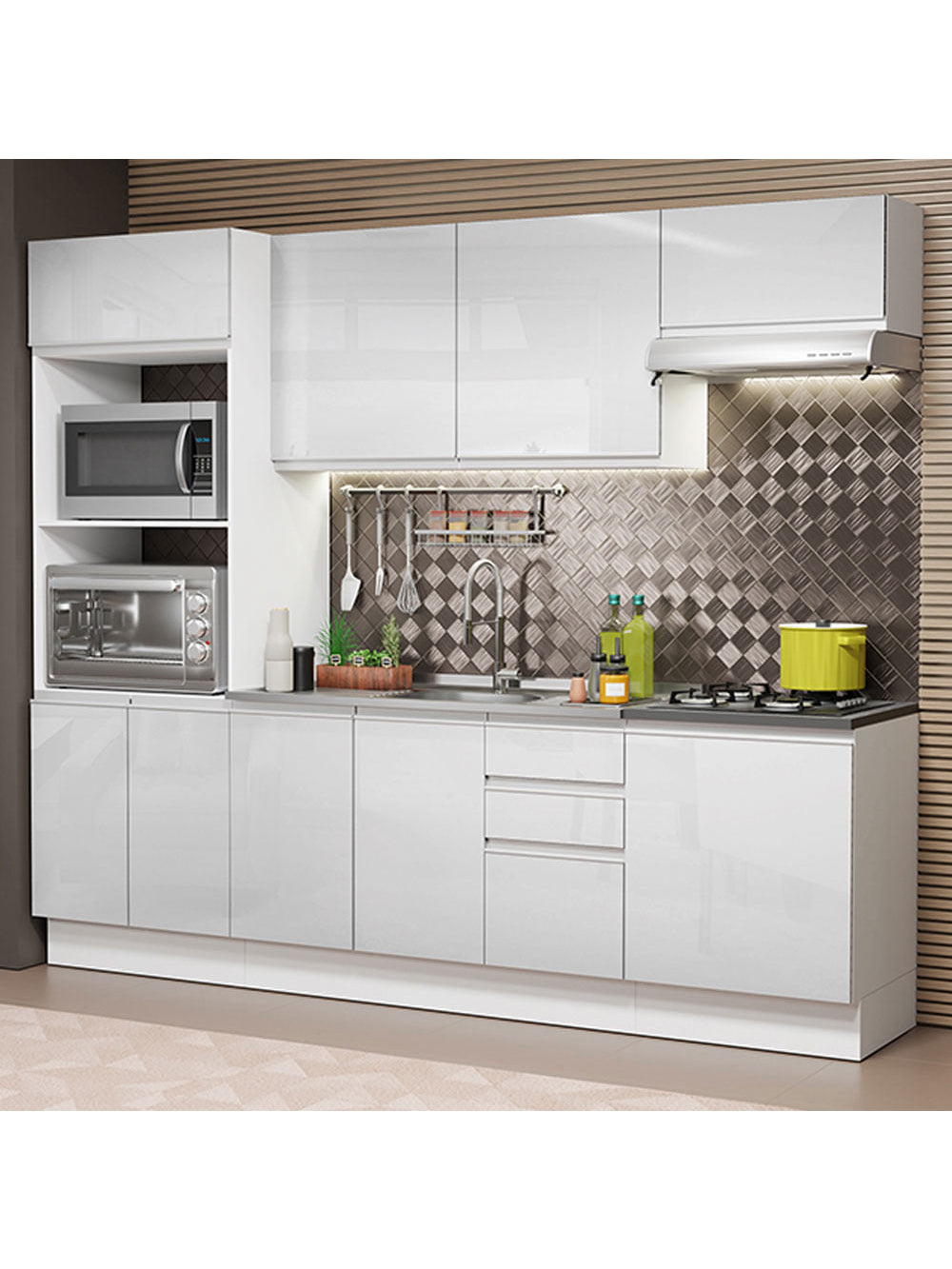 Armário de Cozinha Completa 100% MDF 250cm Frentes Branco Brilho Acordes Madesa 03 - Branco