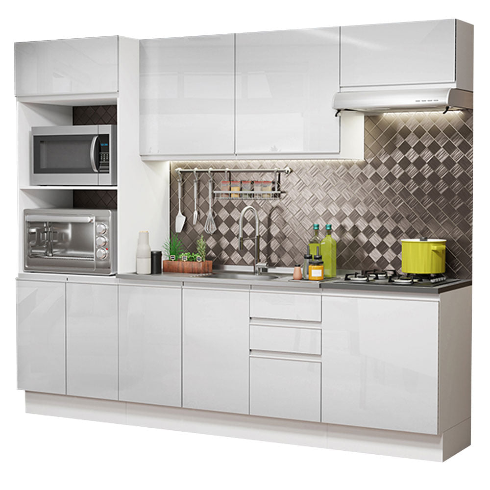 Armário de Cozinha Completa 100% MDF 250cm Frentes Branco Brilho Acordes Madesa 03 - Branco
