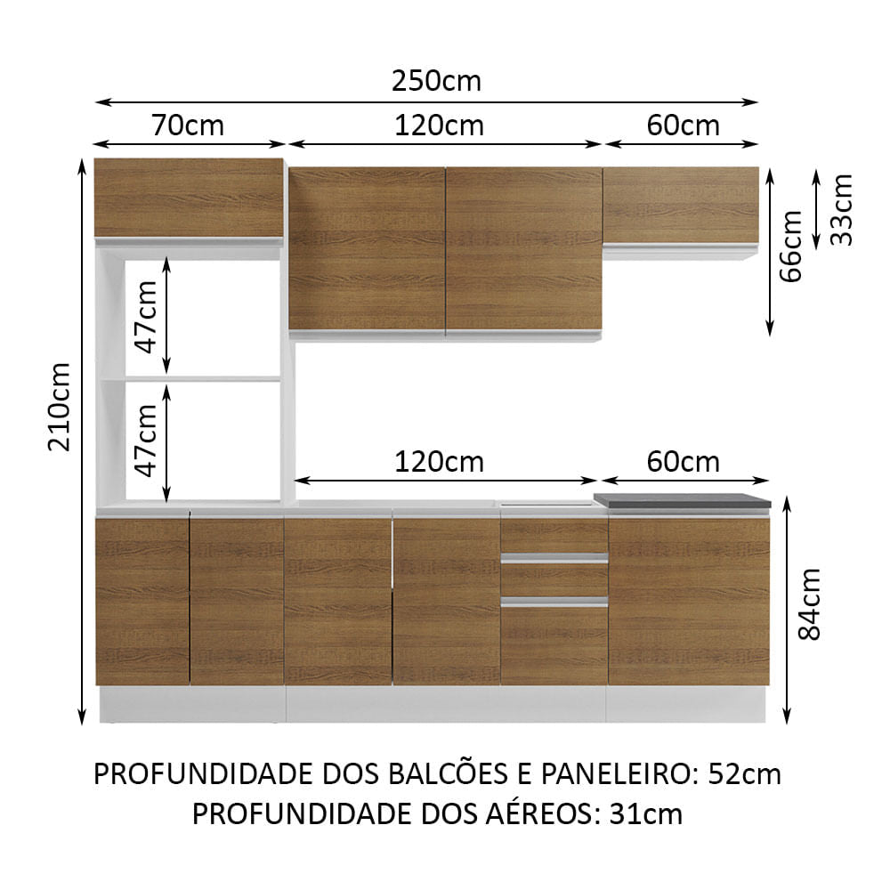 Armário de Cozinha Completa 100% MDF 250cm Branco/Rustic Acordes Madesa 03
