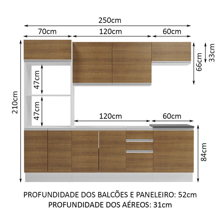 Armário de Cozinha Completa 100% MDF 250cm Branco/Rustic Acordes Madesa 03