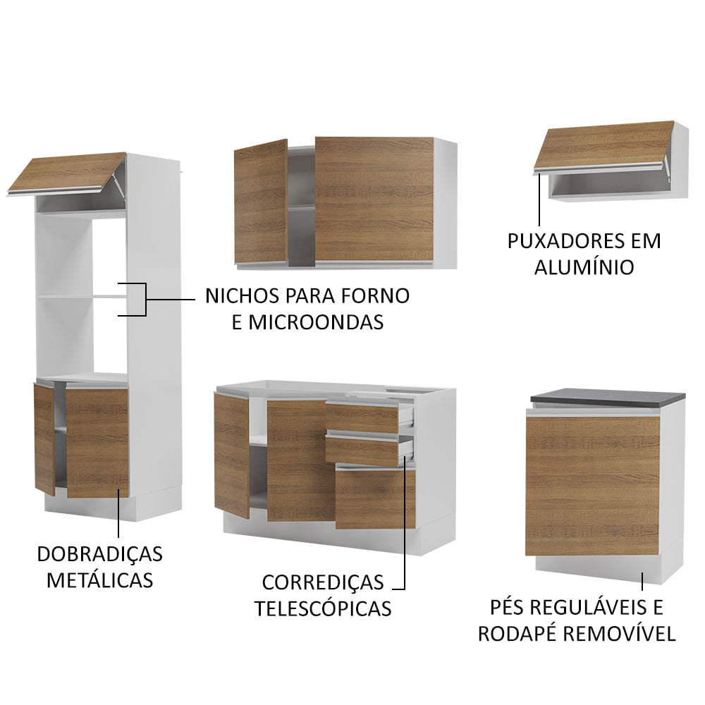 Armário de Cozinha Completa 100% MDF 250cm Branco/Rustic Acordes Madesa 03