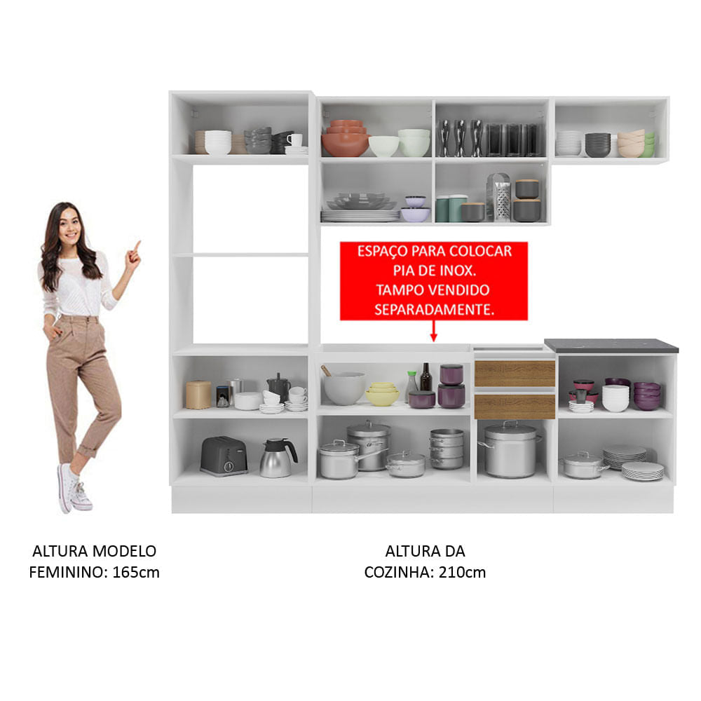 Armário de Cozinha Completa 100% MDF 250cm Branco/Rustic Acordes Madesa 03