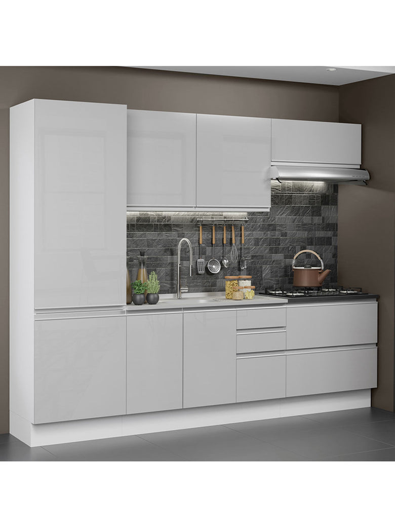 Armário de Cozinha Completa 100% MDF 260cm Frentes Branco Brilho Acordes Madesa 01