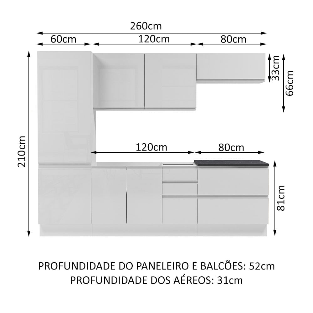 Armário de Cozinha Completa 100% MDF 260cm Frentes Branco Brilho Acordes Madesa 01