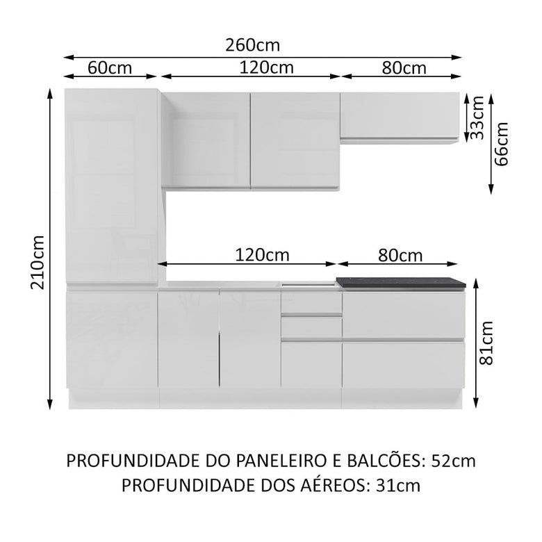 Armário de Cozinha Completa 100% MDF 260cm Frentes Branco Brilho Acordes Madesa 01