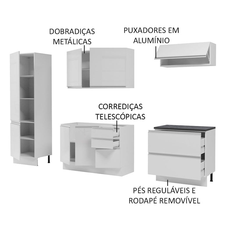 Armário de Cozinha Completa 100% MDF 260cm Frentes Branco Brilho Acordes Madesa 01