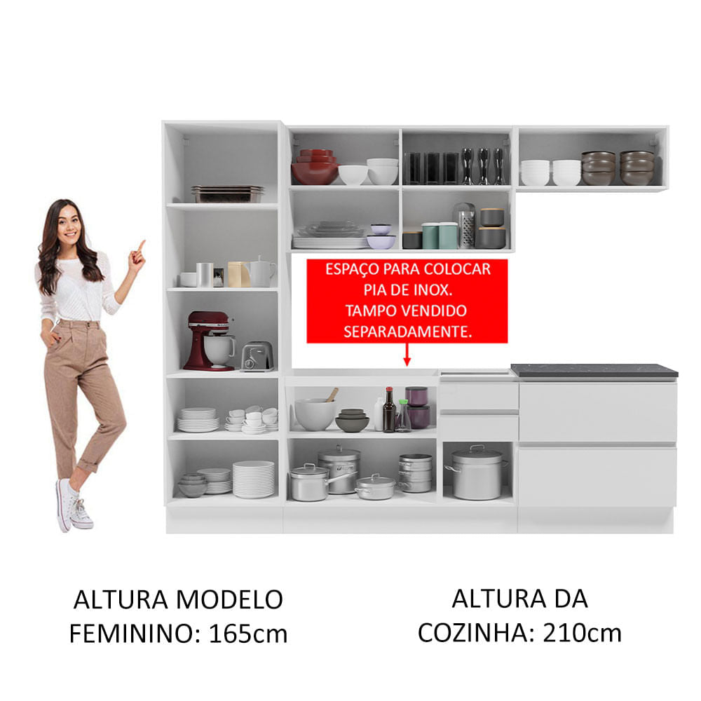 Armário de Cozinha Completa 100% MDF 260cm Frentes Branco Brilho Acordes Madesa 01