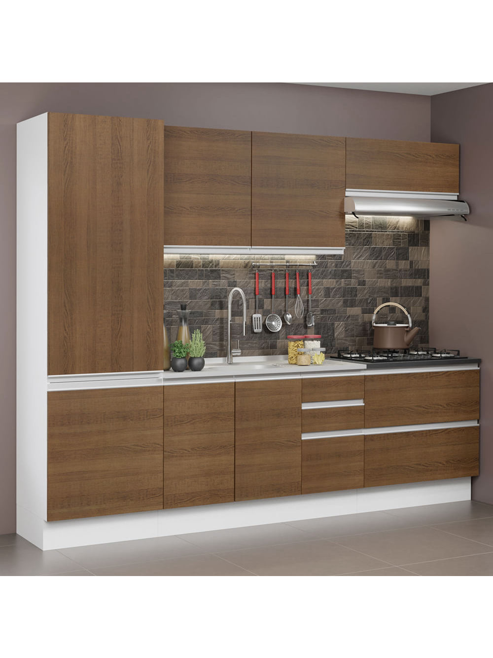 Armário de Cozinha Completa 100% MDF 260cm Branco/Rustic Acordes Madesa 01 - Branco/Rustic