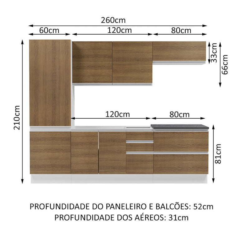 Armário de Cozinha Completa 100% MDF 260cm Branco/Rustic Acordes Madesa 01