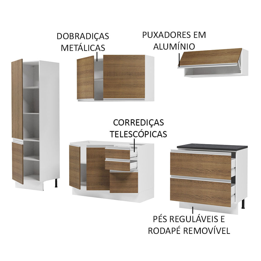 Armário de Cozinha Completa 100% MDF 260cm Branco/Rustic Acordes Madesa 01