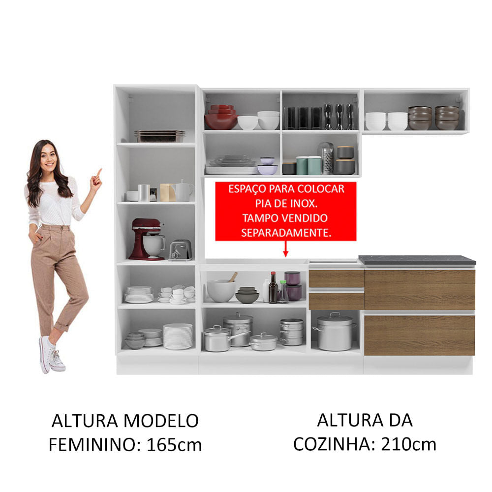 Armário de Cozinha Completa 100% MDF 260cm Branco/Rustic Acordes Madesa 01