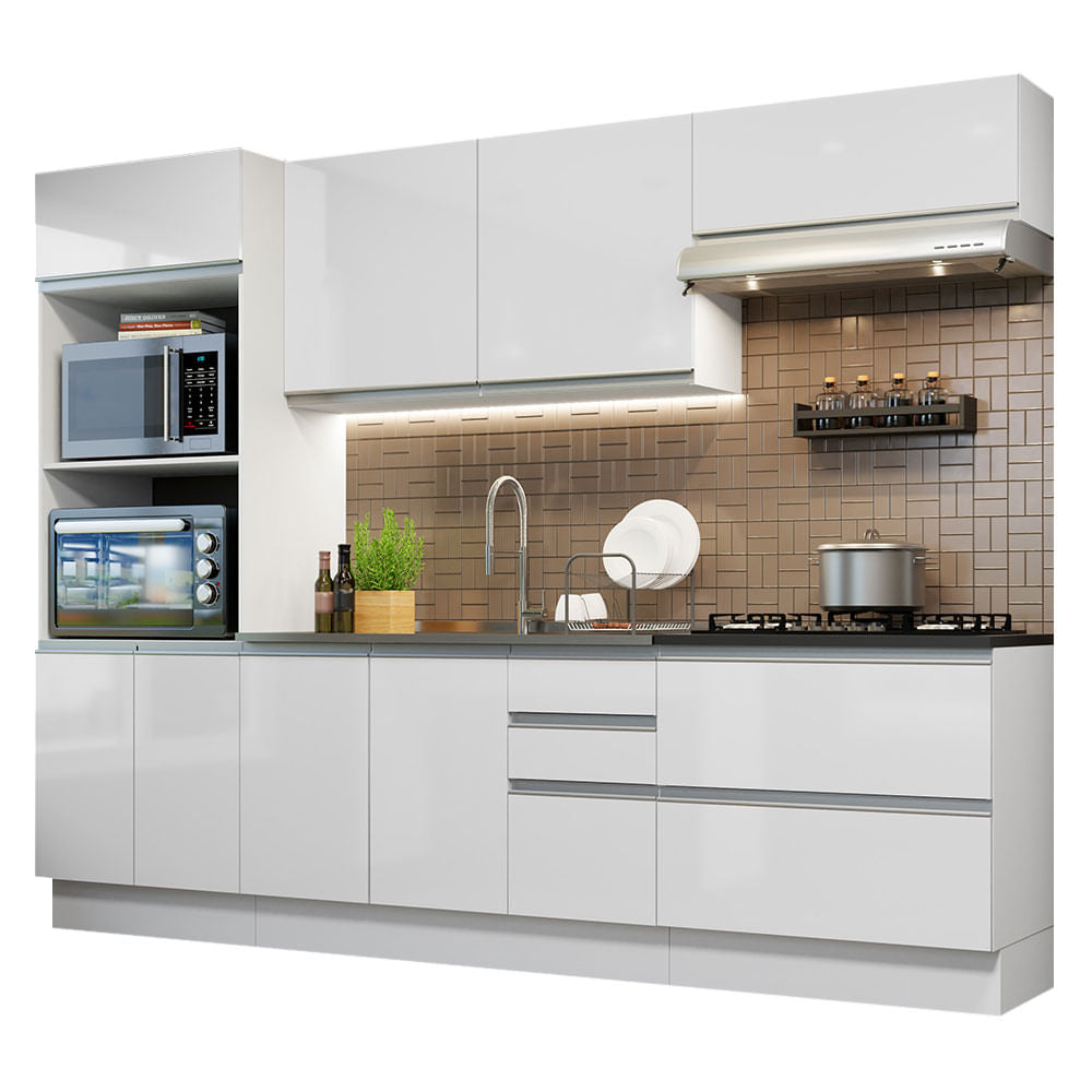 Armário de Cozinha Completa 100% MDF 270cm Frentes Branco Brilho Acordes Madesa 06 - Branco