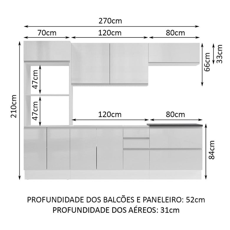 Armário de Cozinha Completa 100% MDF 270cm Frentes Branco Brilho Acordes Madesa 06