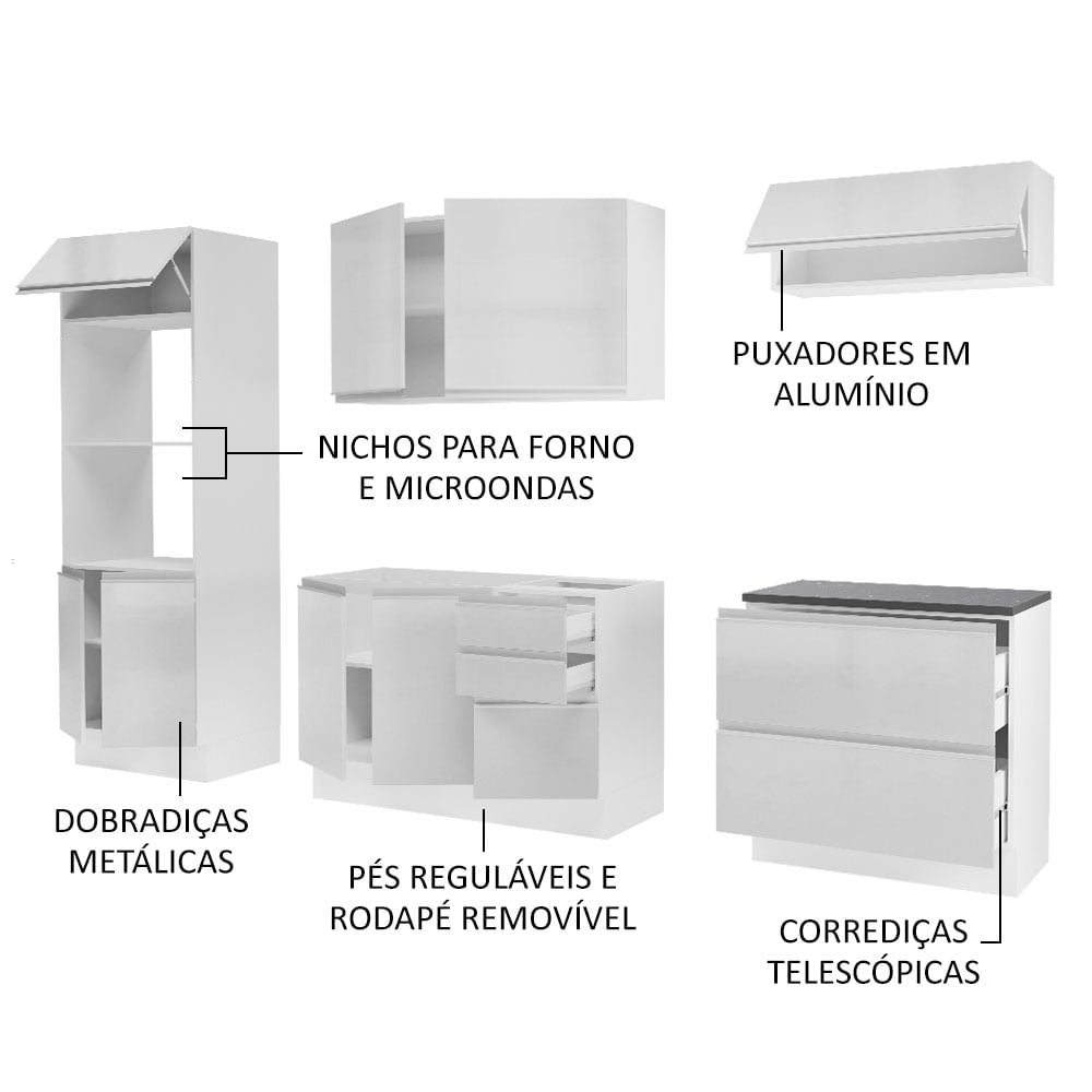 Armário de Cozinha Completa 100% MDF 270cm Frentes Branco Brilho Acordes Madesa 06