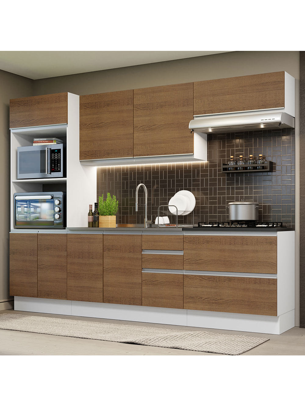 Armário de Cozinha Completa 100% MDF 270cm Branco/Rustic Acordes Madesa 06 - Branco/Rustic