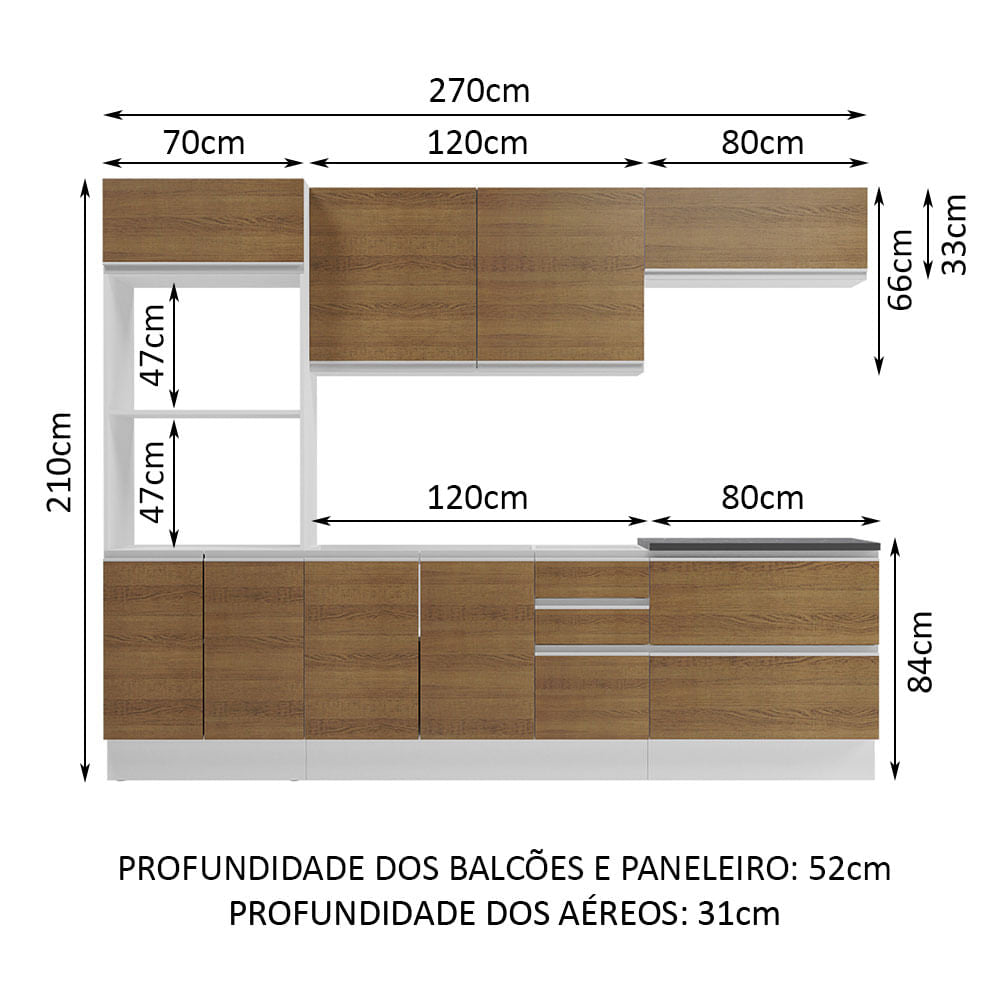 Armário de Cozinha Completa 100% MDF 270cm Branco/Rustic Acordes Madesa 06