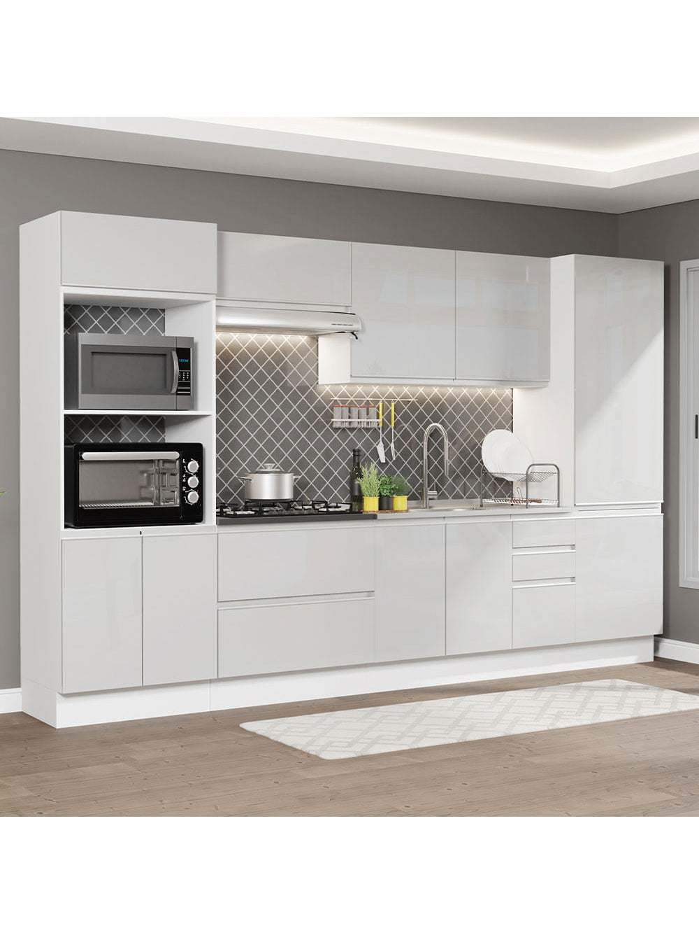 Armário de Cozinha Completa 100% MDF 330cm Frentes Branco Brilho Acordes Madesa 05 - Branco