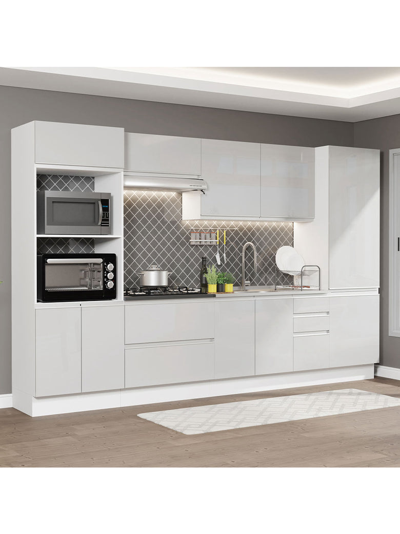Armário de Cozinha Completa 100% MDF 330cm Frentes Branco Brilho Acordes Madesa 05