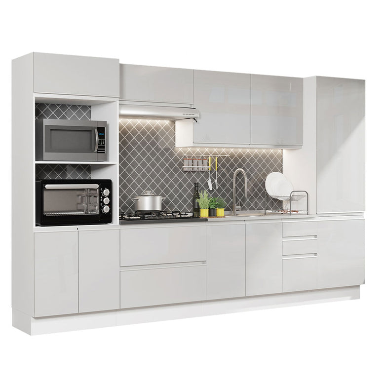 Armário de Cozinha Completa 100% MDF 330cm Frentes Branco Brilho Acordes Madesa 05