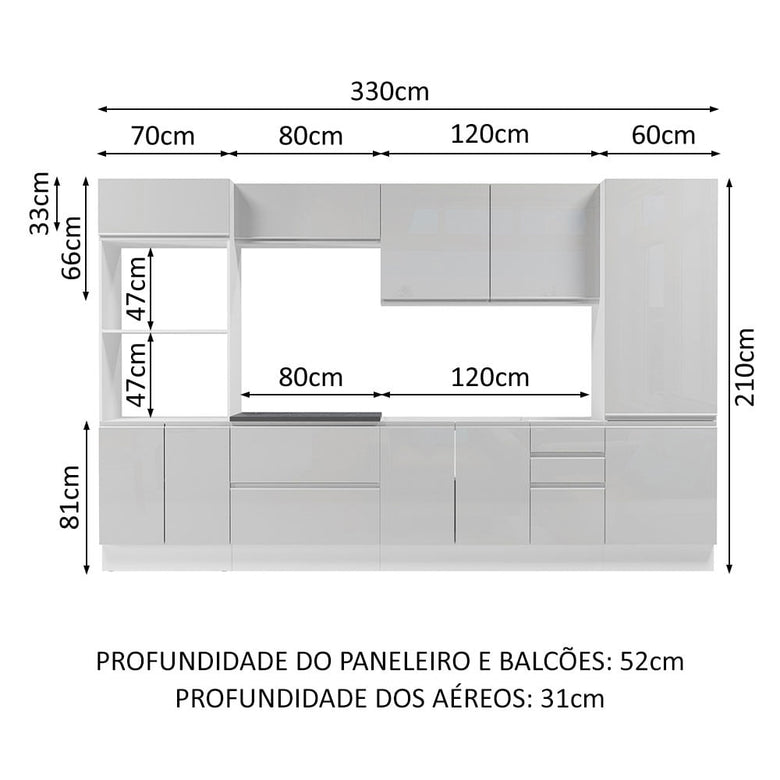 Armário de Cozinha Completa 100% MDF 330cm Frentes Branco Brilho Acordes Madesa 05