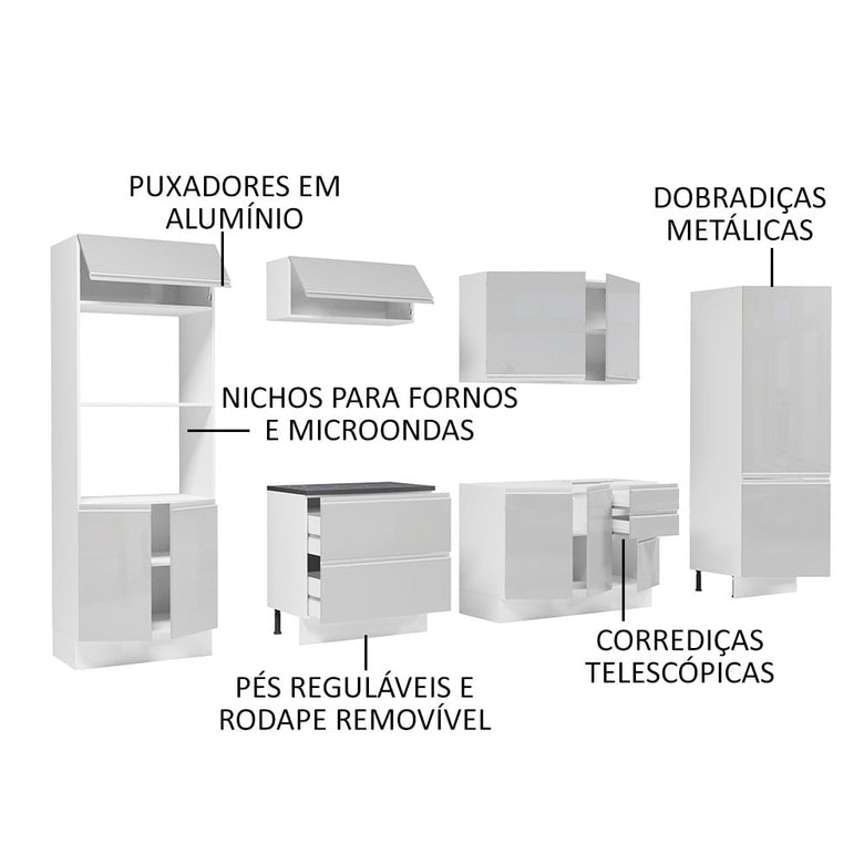 Armário de Cozinha Completa 100% MDF 330cm Frentes Branco Brilho Acordes Madesa 05