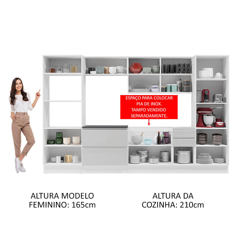 Armário de Cozinha Completa 100% MDF 330cm Frentes Branco Brilho Acordes Madesa 05