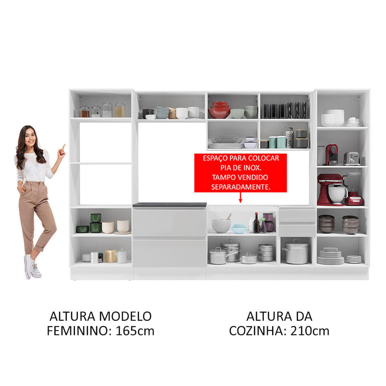 Armário de Cozinha Completa 100% MDF 330cm Frentes Branco Brilho Acordes Madesa 05