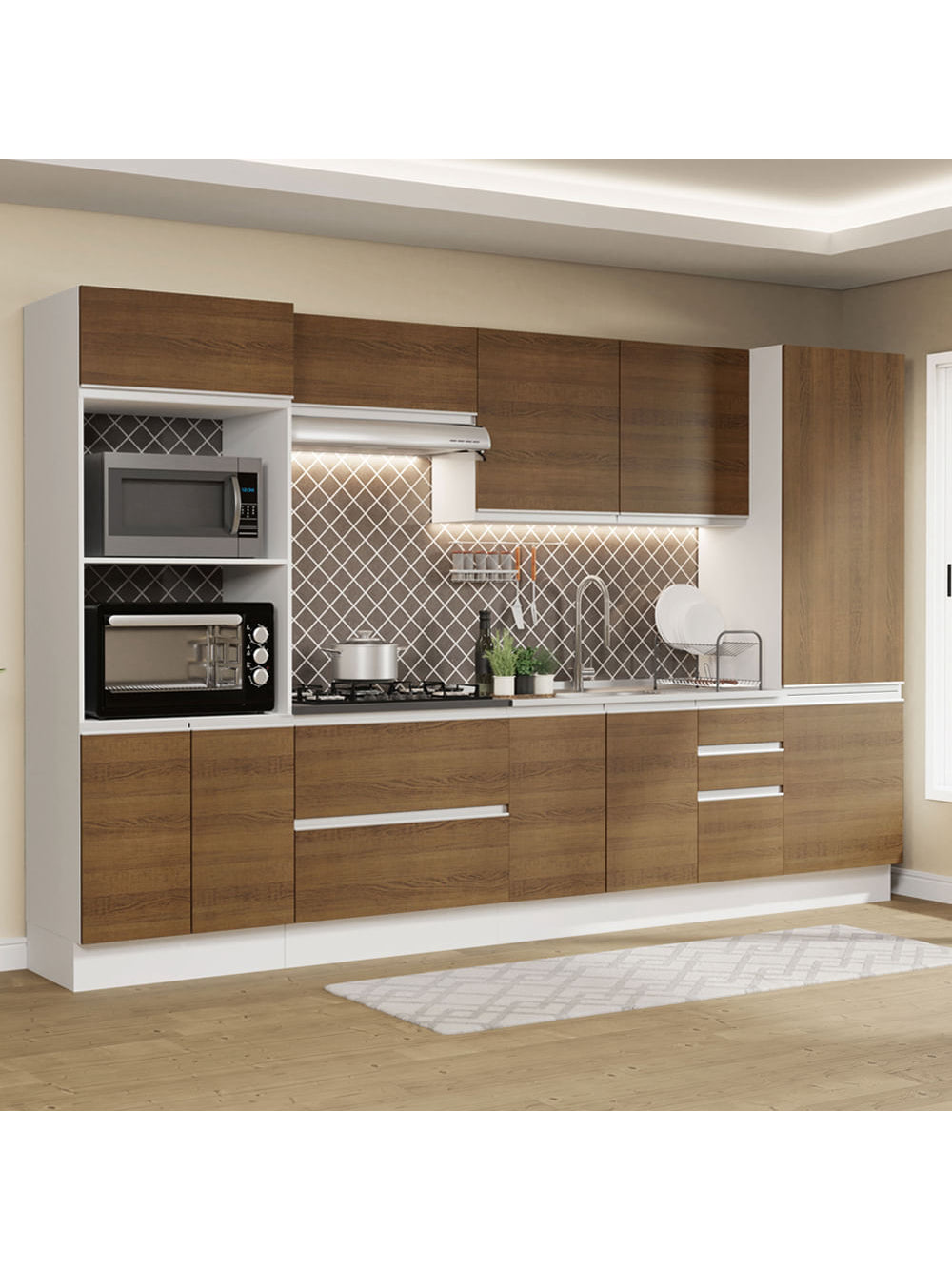 Armário de Cozinha Completa 100% MDF 330cm Branco/Rustic Acordes Madesa 05 - Branco/Rustic