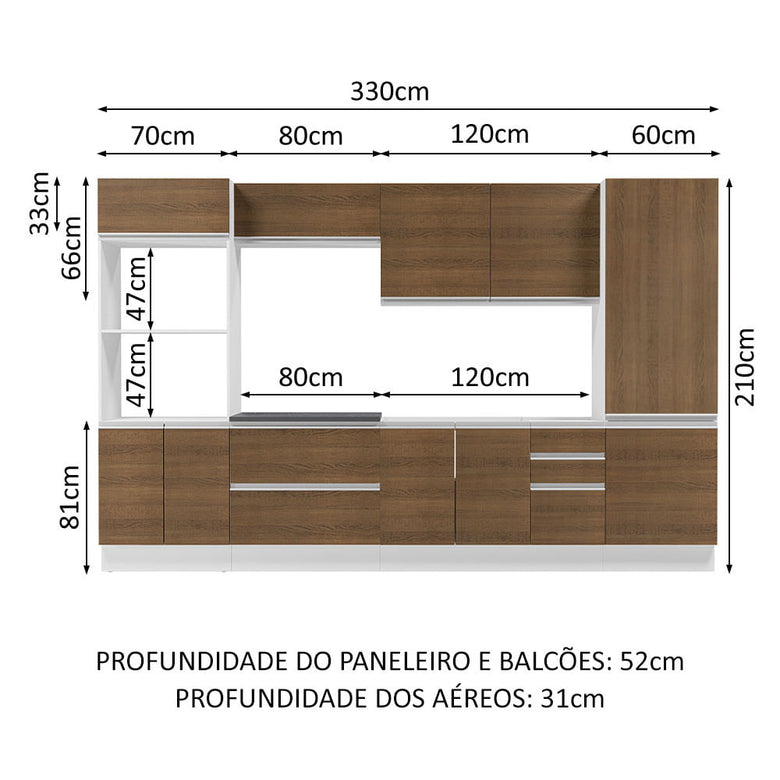 Armário de Cozinha Completa 100% MDF 330cm Branco/Rustic Acordes Madesa 05