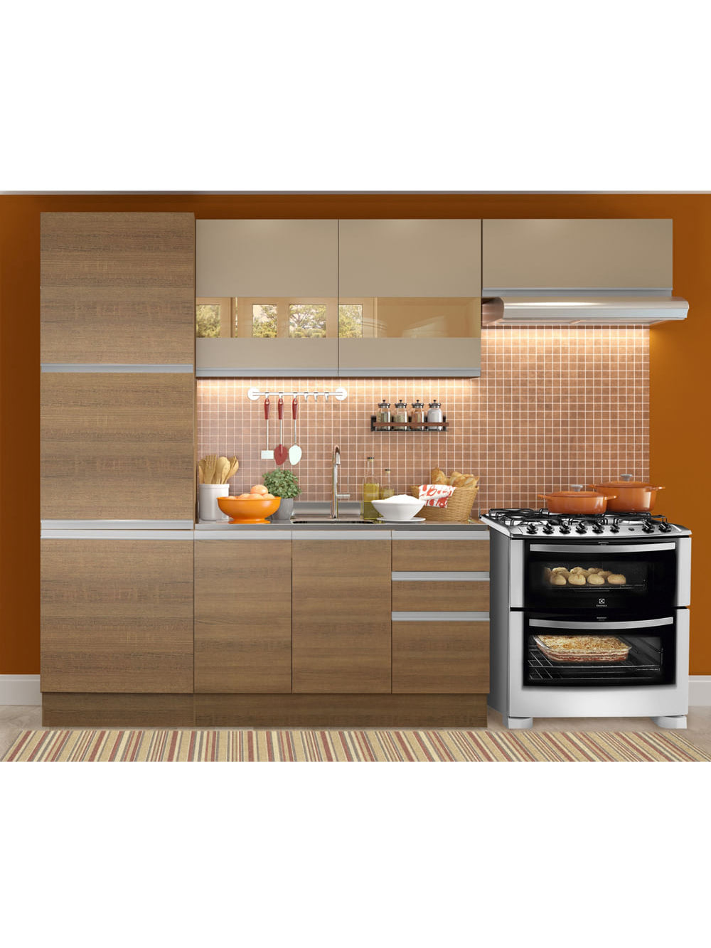 Armário de Cozinha Completa 260cm Rustic/Crema Glamy Madesa 02 - Rustic/Crema