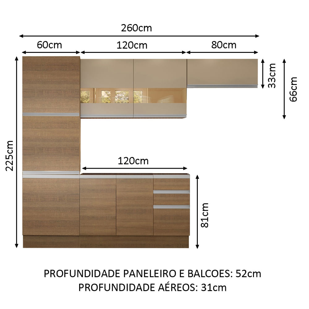 Armário de Cozinha Completa 260cm Rustic/Crema Glamy Madesa 02