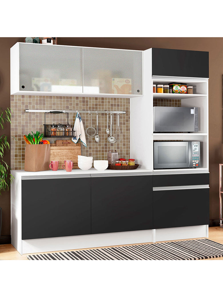 Armário de Cozinha Compacta com Balcão e Tampo Branco/Preto Topazio Pop Madesa