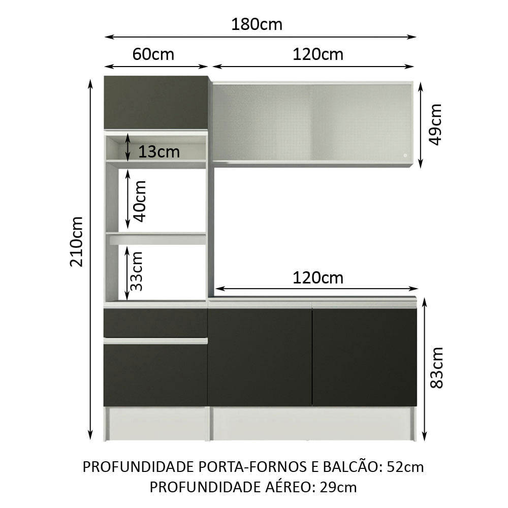 Armário de Cozinha Compacta com Balcão e Tampo Branco/Preto Topazio Pop Madesa