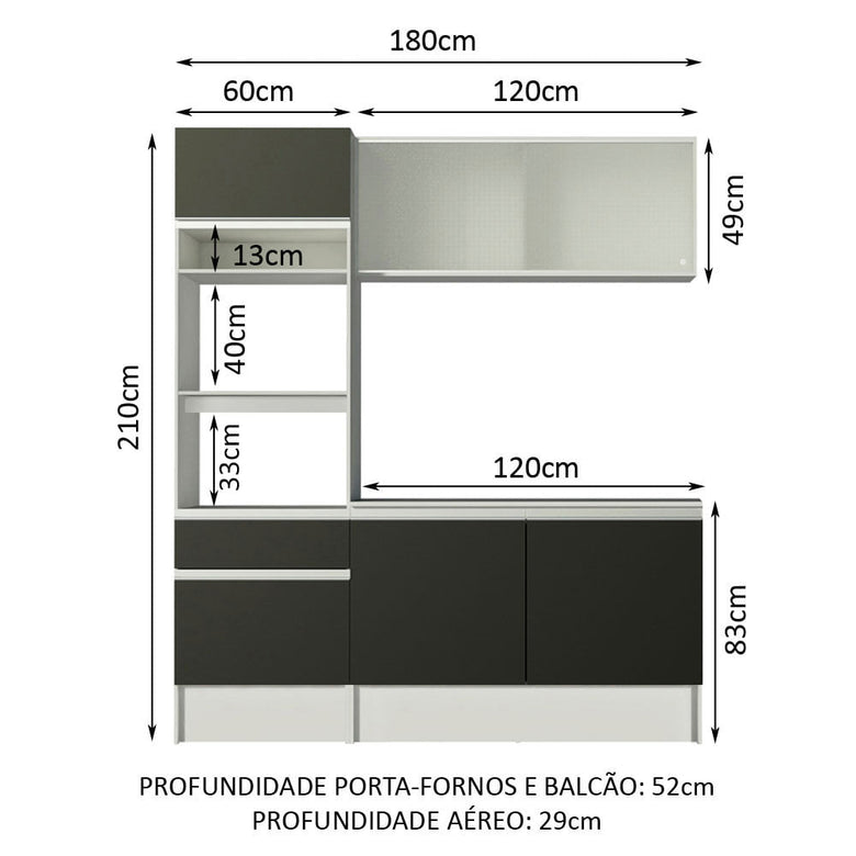 Armário de Cozinha Compacta com Balcão e Tampo Branco/Preto Topazio Pop Madesa