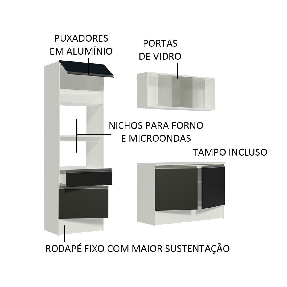 Armário de Cozinha Compacta com Balcão e Tampo Branco/Preto Topazio Pop Madesa