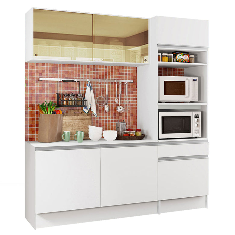 Armário de Cozinha Compacta  com Balcão e Tampo Branco Diamante Pop Madesa